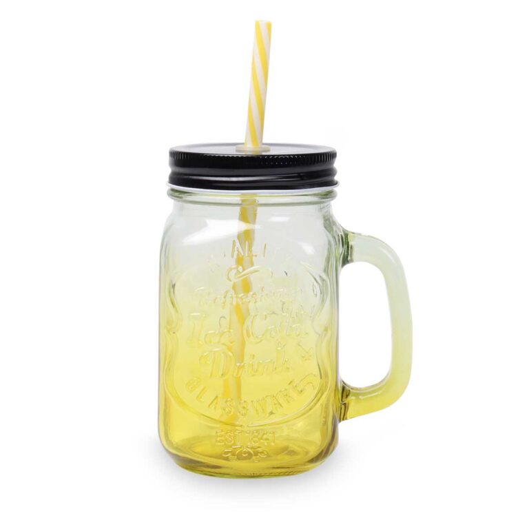 Trinkglas mit Deckel und Strohhalm, 450 ml, gelb