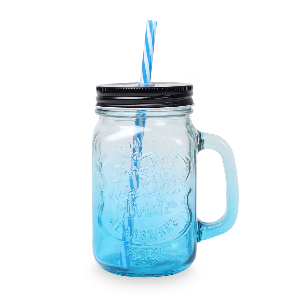 Trinkglas mit Deckel und Strohhalm, 450 ml, blau