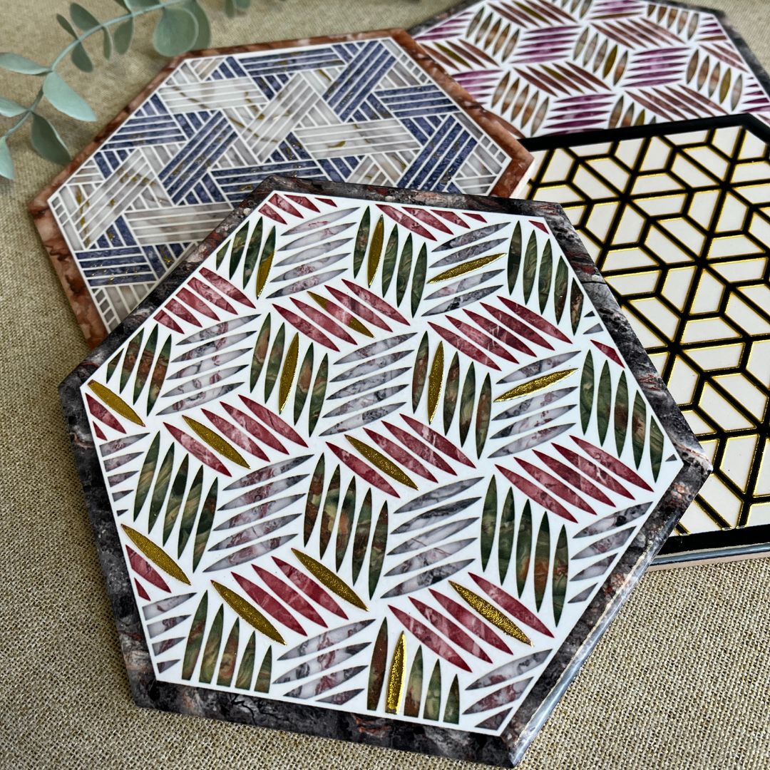 Sechseckiger Keramikuntersetzer, 16 x 16 cm, 1 Stück, 4 verschiedene Motive