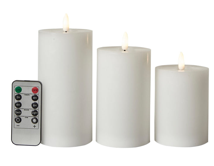 3-LED-Blockkerze mit 3D-Flamme und Fernbedienung, Ø 7,5 cm – Weiß