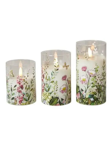 3 LED-Leuchten in zylindrischem Glas – Blumenmotiv und Fernbedienung