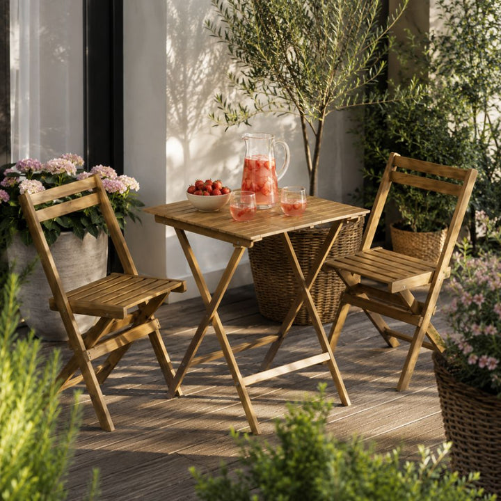 Café-Set – 1 Tisch, 2 Stühle aus naturbelassenem Akazienholz
