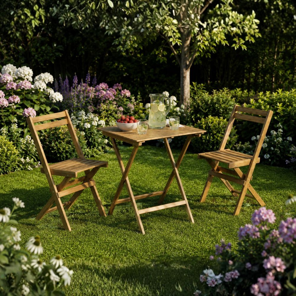 Café-Set – 1 Tisch, 2 Stühle aus naturbelassenem Akazienholz