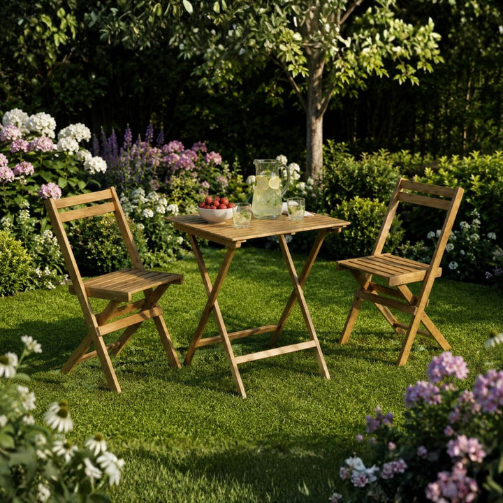Café-Set – 1 Tisch, 2 Stühle aus naturbelassenem Akazienholz