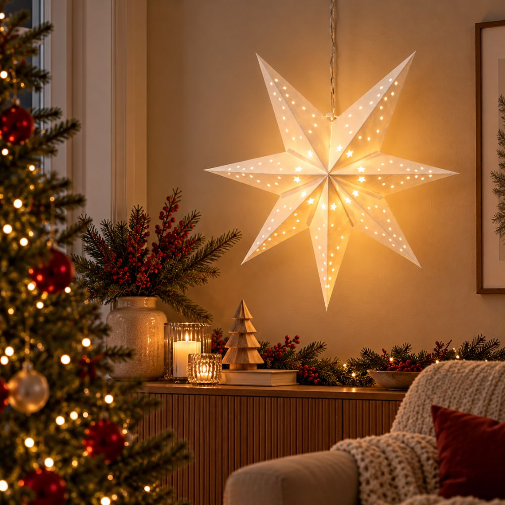 Papieren ster 40 cm met 10 op batterijen werkende witte leds