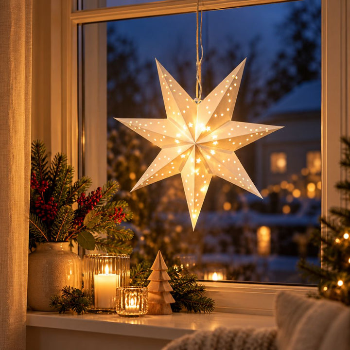 Papieren ster 40 cm met 10 op batterijen werkende witte leds