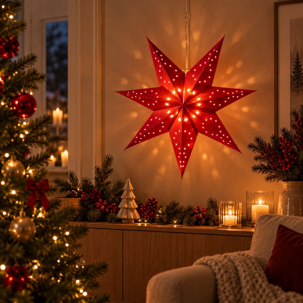 Papieren ster 40 cm met 10 leds, batterijvak, rood