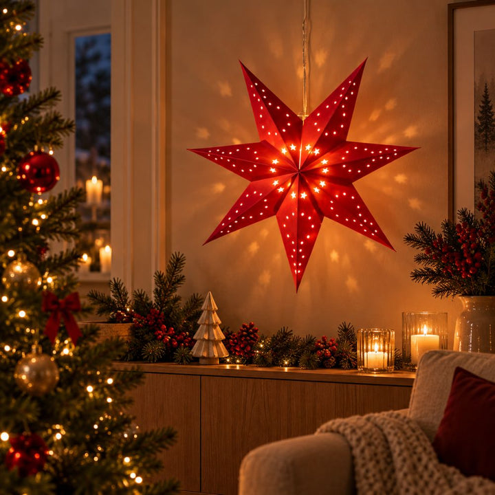 Papieren ster 40 cm met 10 leds, batterijvak, rood