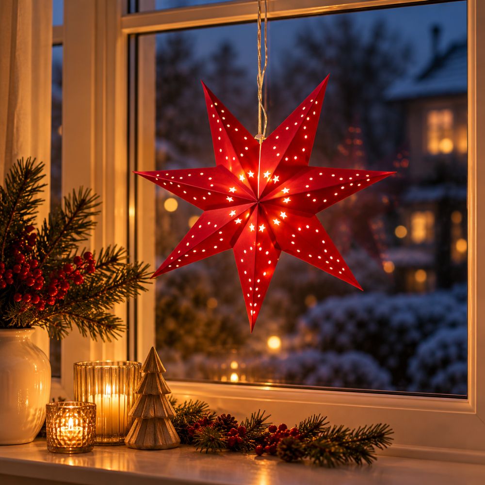 Papieren ster 40 cm met 10 leds, batterijvak, rood