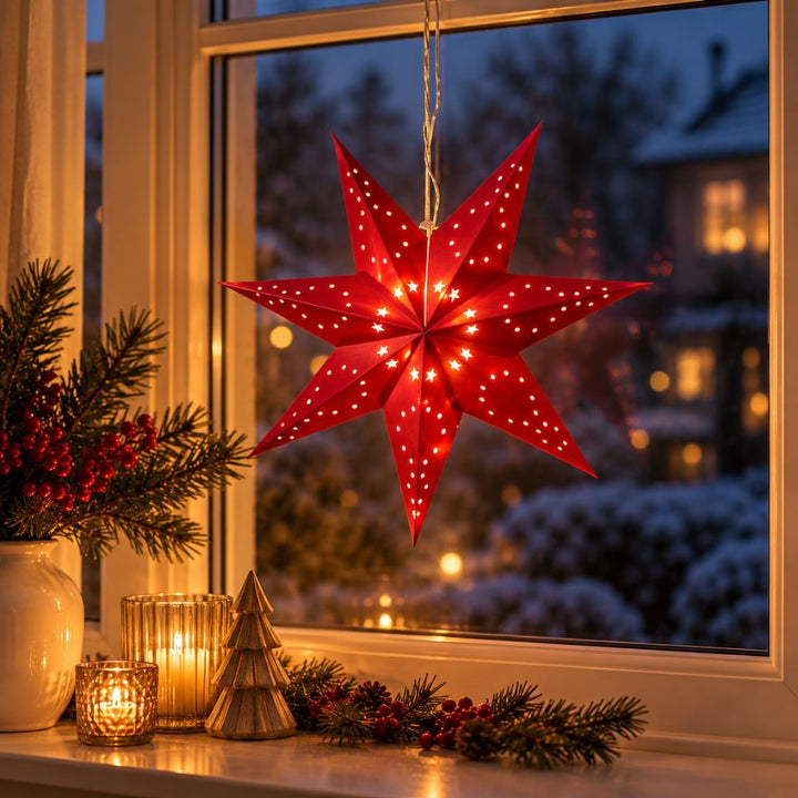 Papieren ster 40 cm met 10 leds, batterijvak, rood