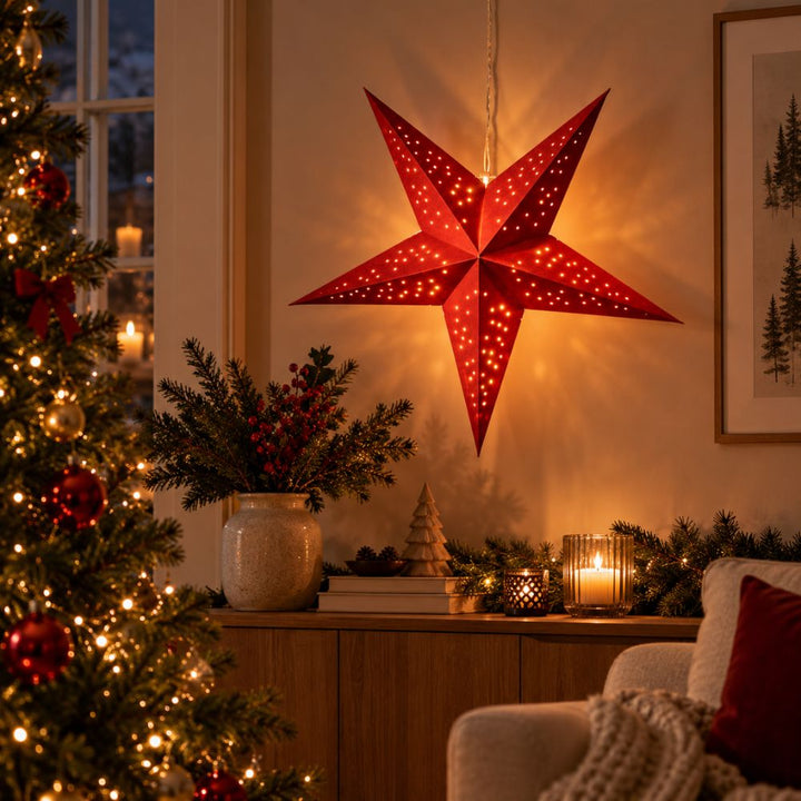 Papieren ster 60 cm met 10 leds, batterijcompartiment, rood