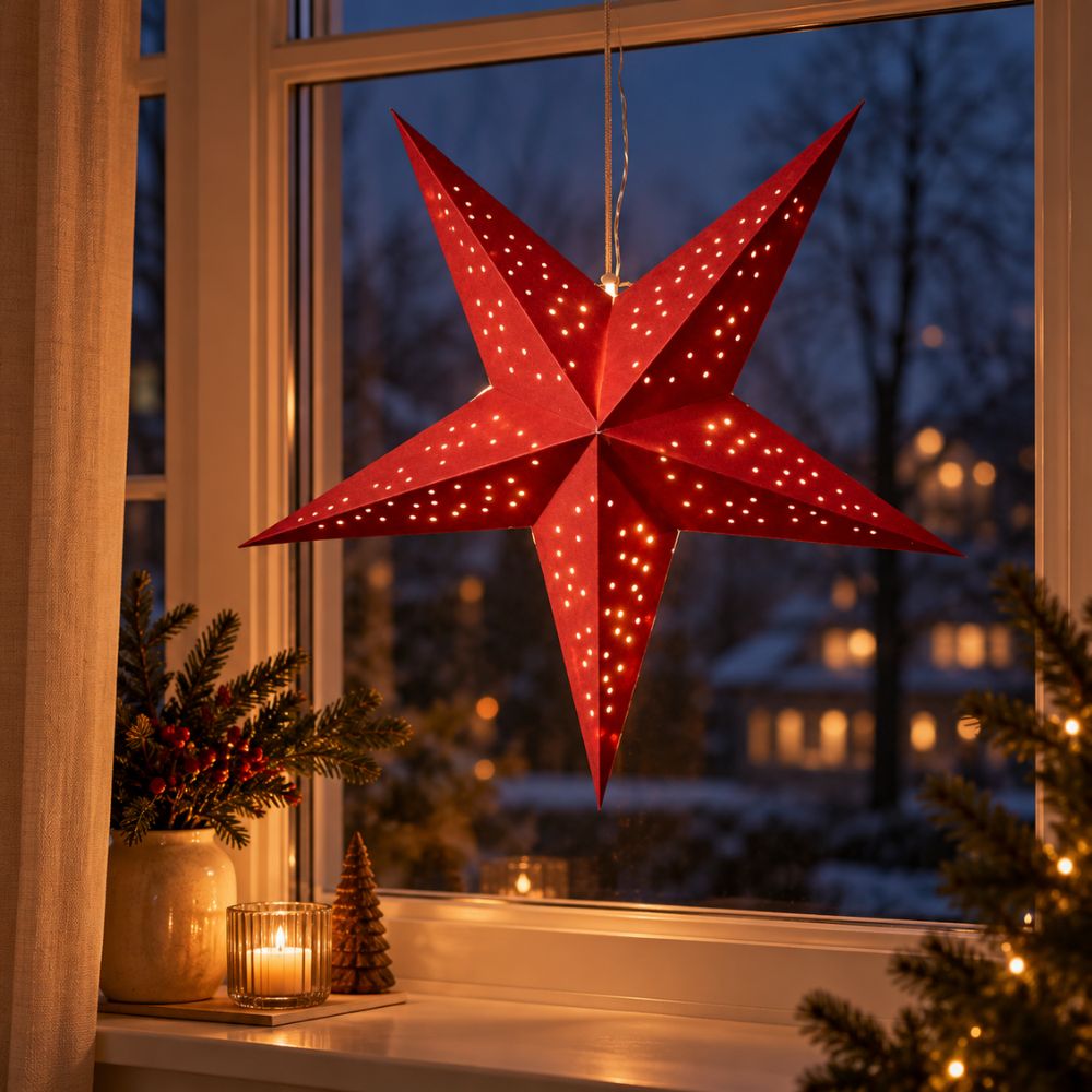 Papieren ster 60 cm met 10 leds, batterijcompartiment, rood