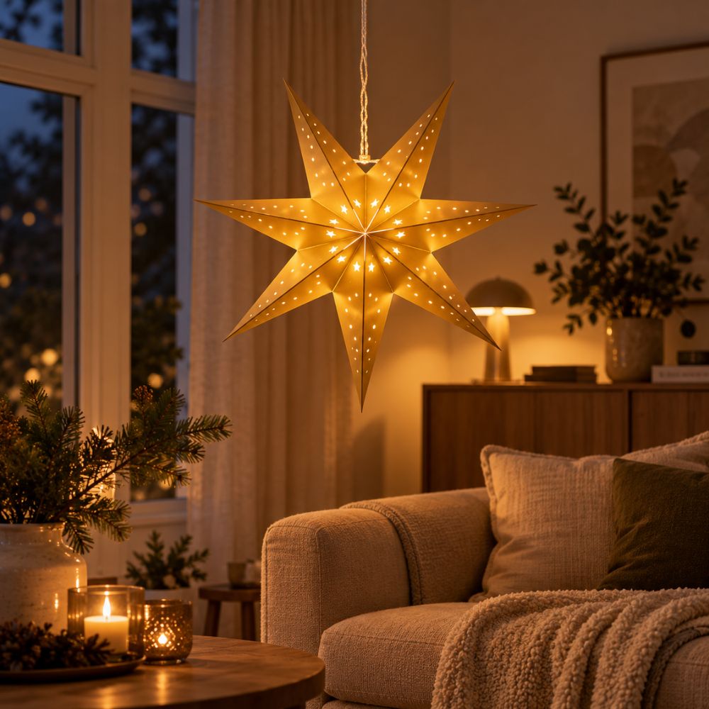 Papierstern in Goldfarbe - mit LED 40 cm