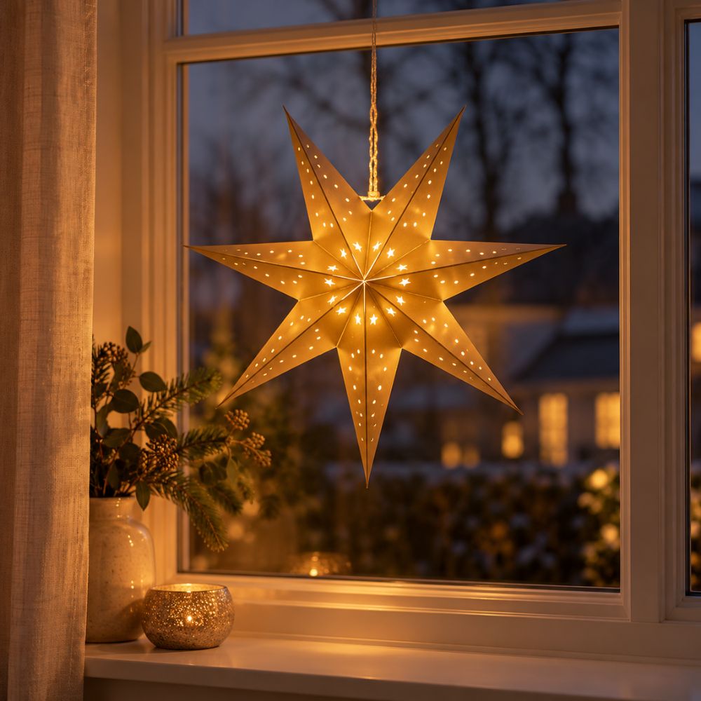 Papierstern in Goldfarbe - mit LED 40 cm