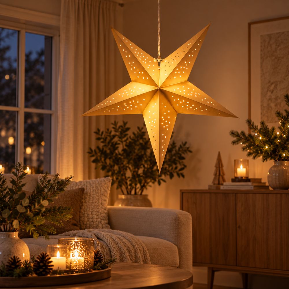 Papierstern in Goldfarbe - mit LED 60 cm