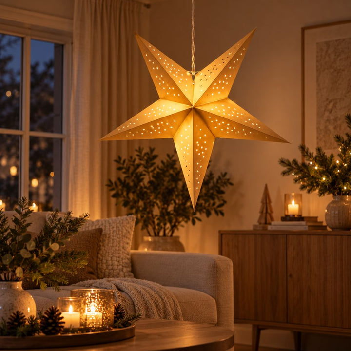 Papierstern in Goldfarbe - mit LED 60 cm