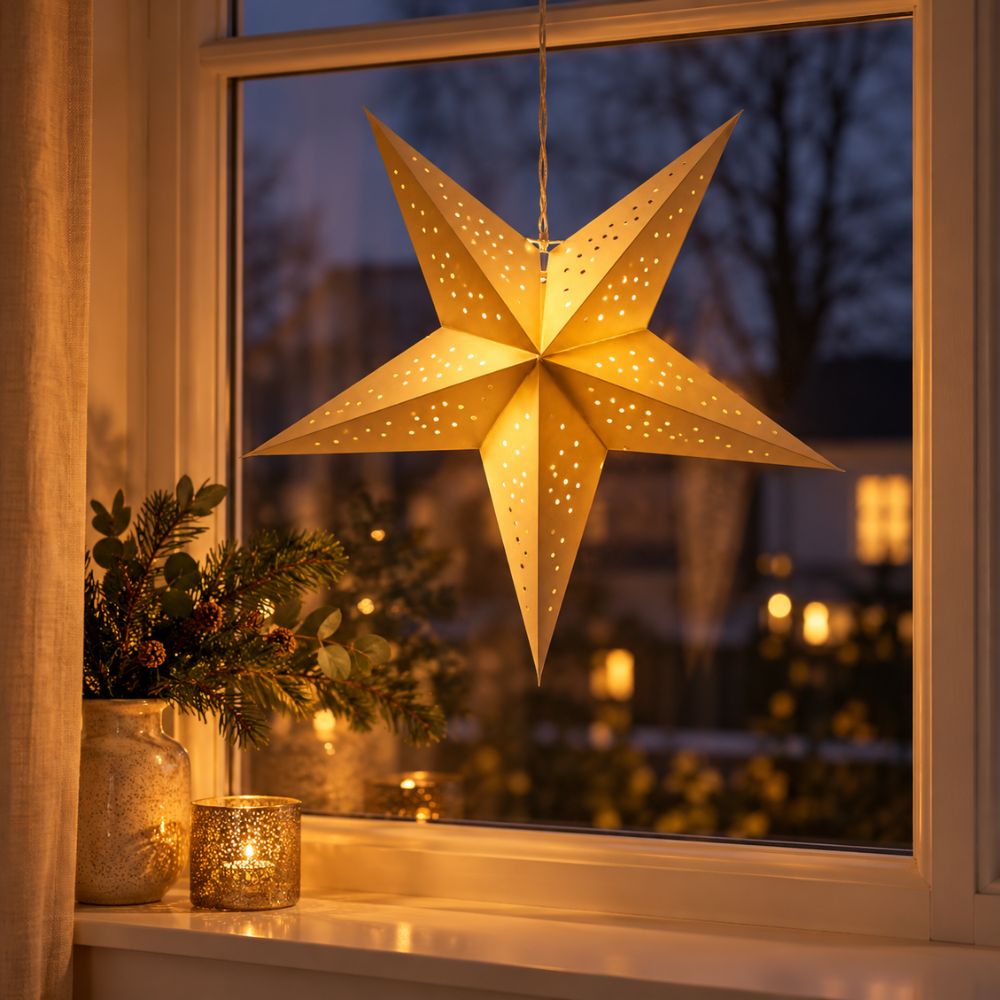 Papierstern in Goldfarbe - mit LED 60 cm