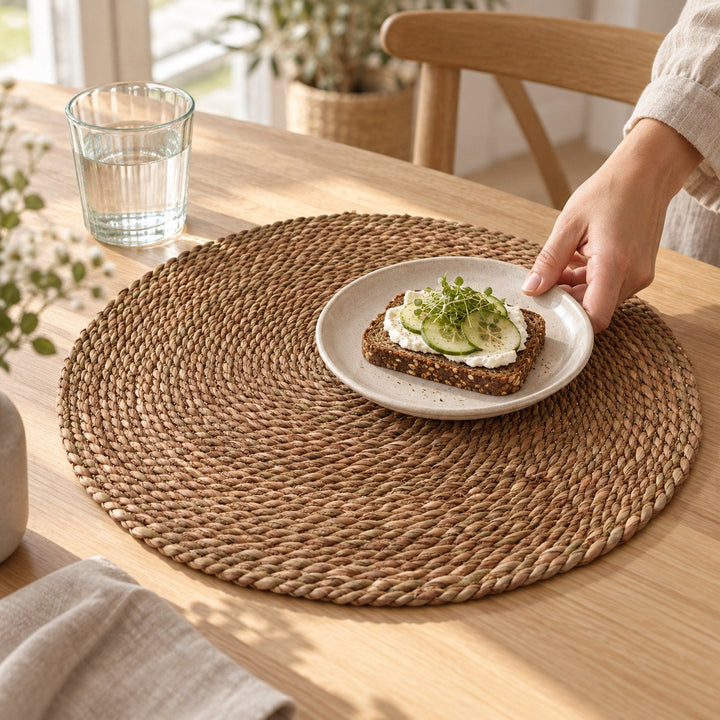 Dækkeserviet rattan Ø38 cm i brug i et hyggeligt hjem