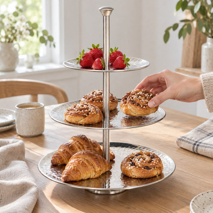 Etagere 3 etager hamret metal i brug i et hyggeligt hjem