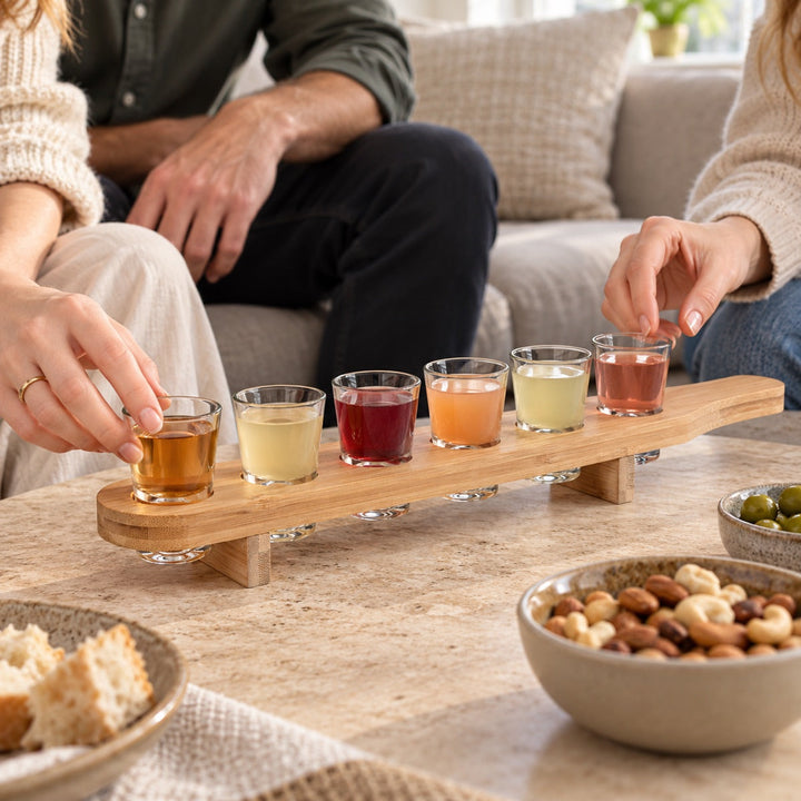 Shotglas på bakke 7 dele på sofabordet