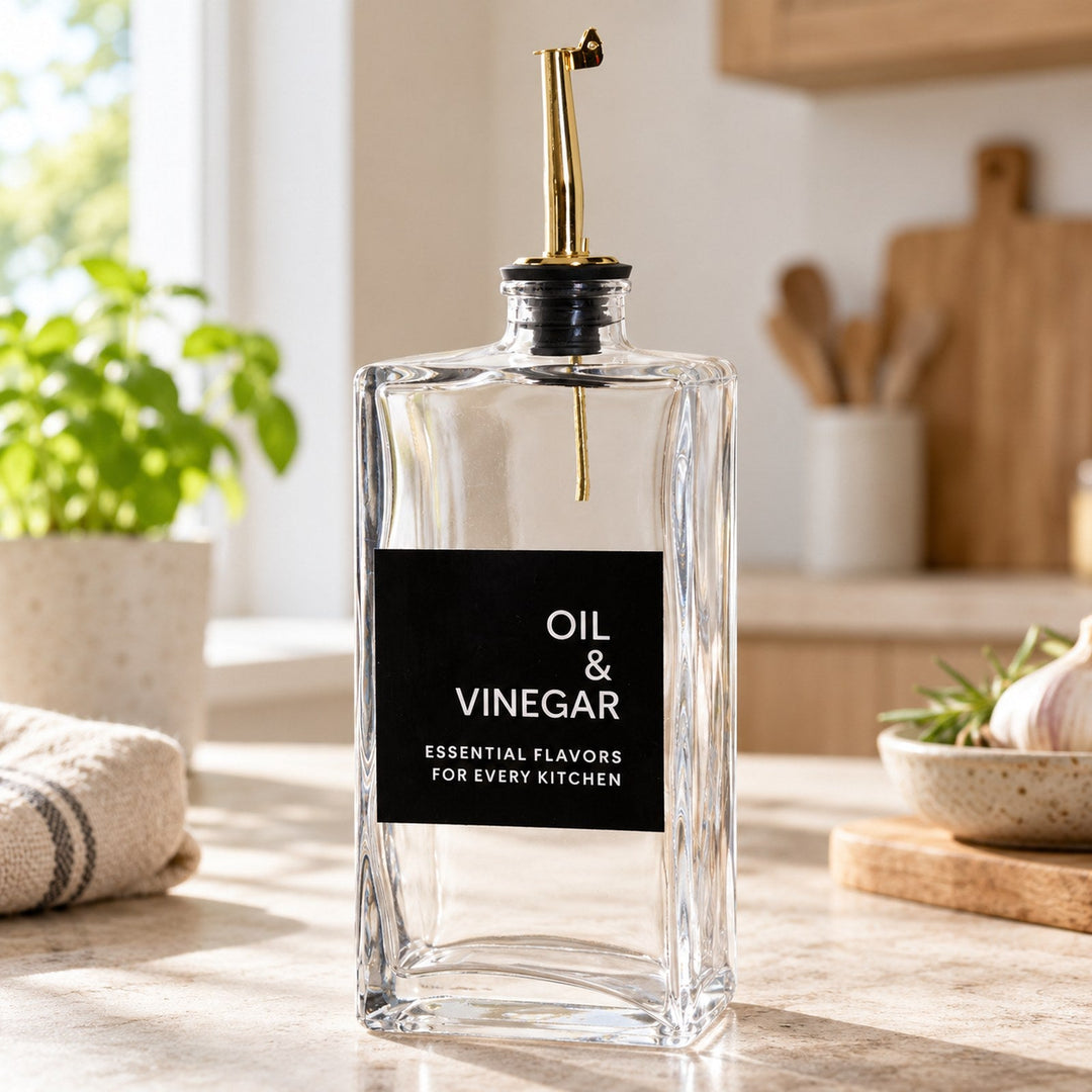 Olie- og eddikeflaske 500 ml tæt på, detaljer og materiale