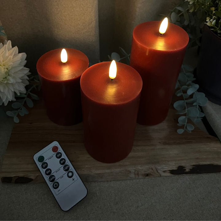 LED-Blockkerzen, 3 Stück in Rot – mit 3D-Flamme und Fernbedienung