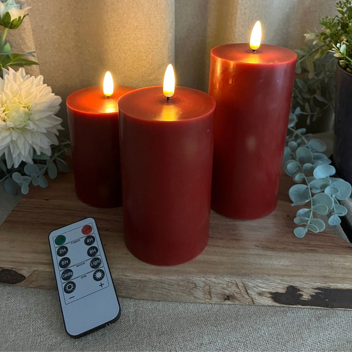LED-Blockkerzen, 3 Stück in Rot – mit 3D-Flamme und Fernbedienung