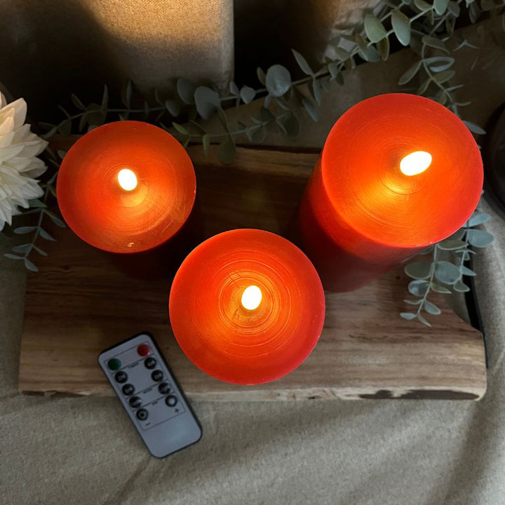LED-Blockkerzen, 3 Stück in Rot – mit 3D-Flamme und Fernbedienung