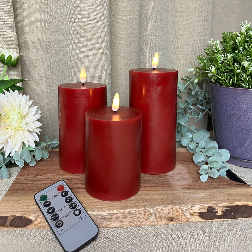 LED-Blockkerzen, 3 Stück in Rot – mit 3D-Flamme und Fernbedienung