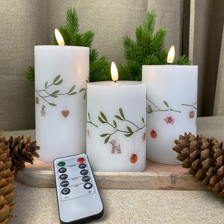 3 LED-Wachskerzen, Mistelzweig - mit Fernbedienung