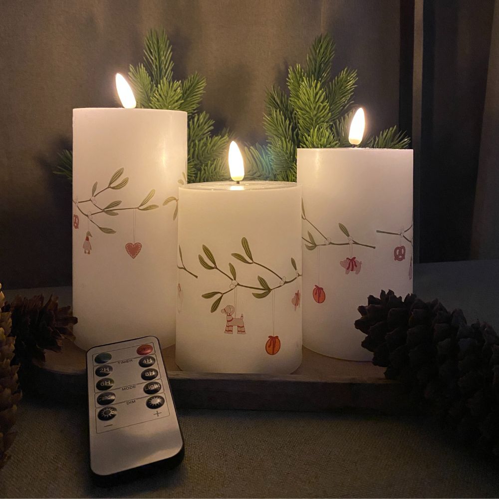 3 LED-Wachskerzen, Mistelzweig - mit Fernbedienung