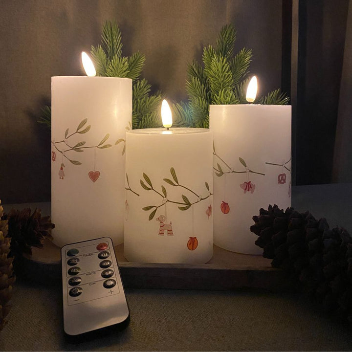 3 LED-Wachskerzen, Mistelzweig - mit Fernbedienung
