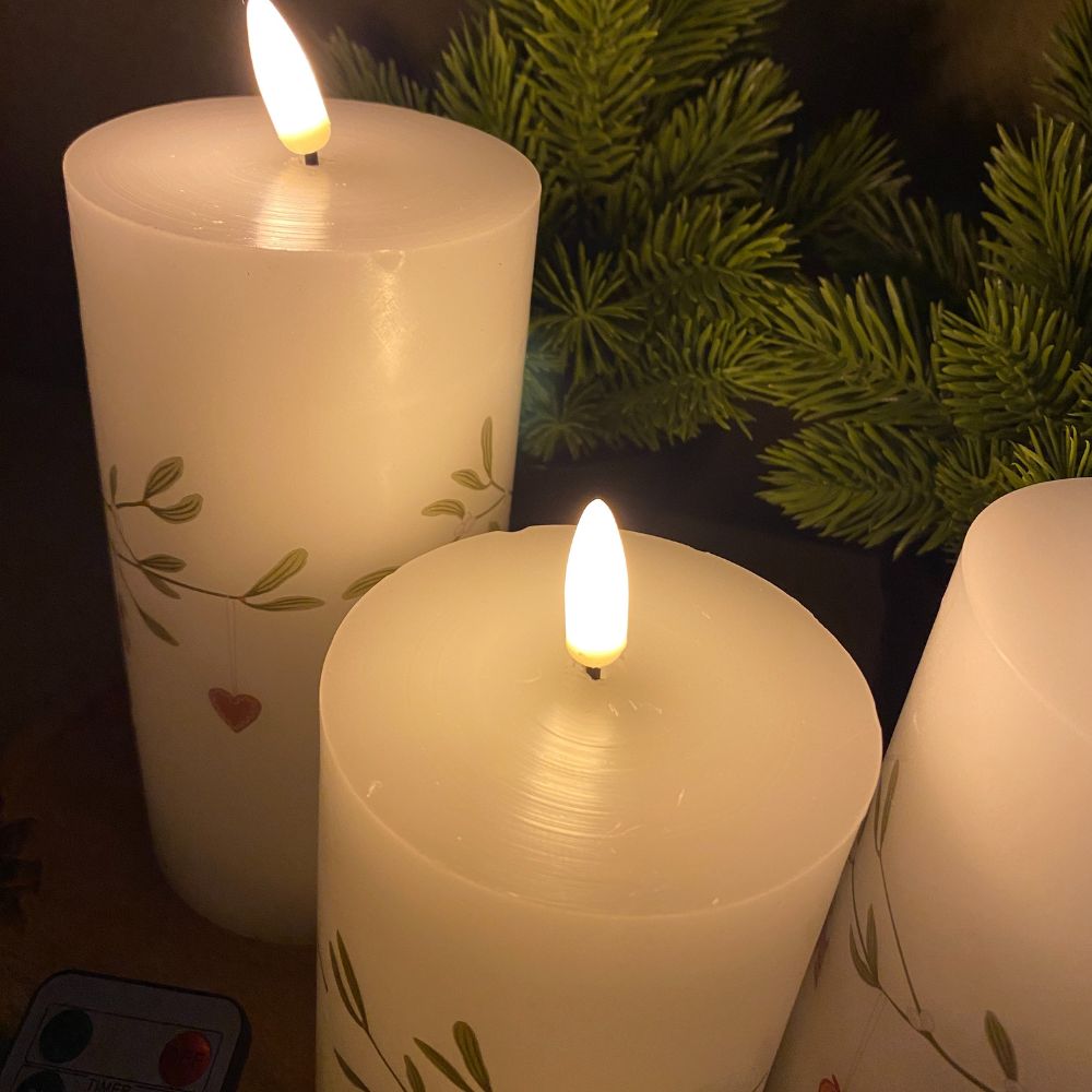 3 LED-Wachskerzen, Mistelzweig - mit Fernbedienung