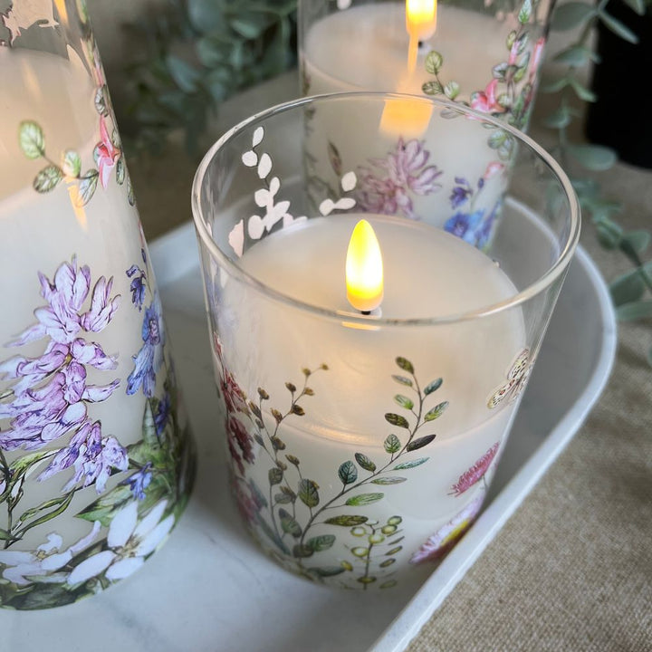 3 LED-Leuchten in zylindrischem Glas – Blumenmotiv und Fernbedienung