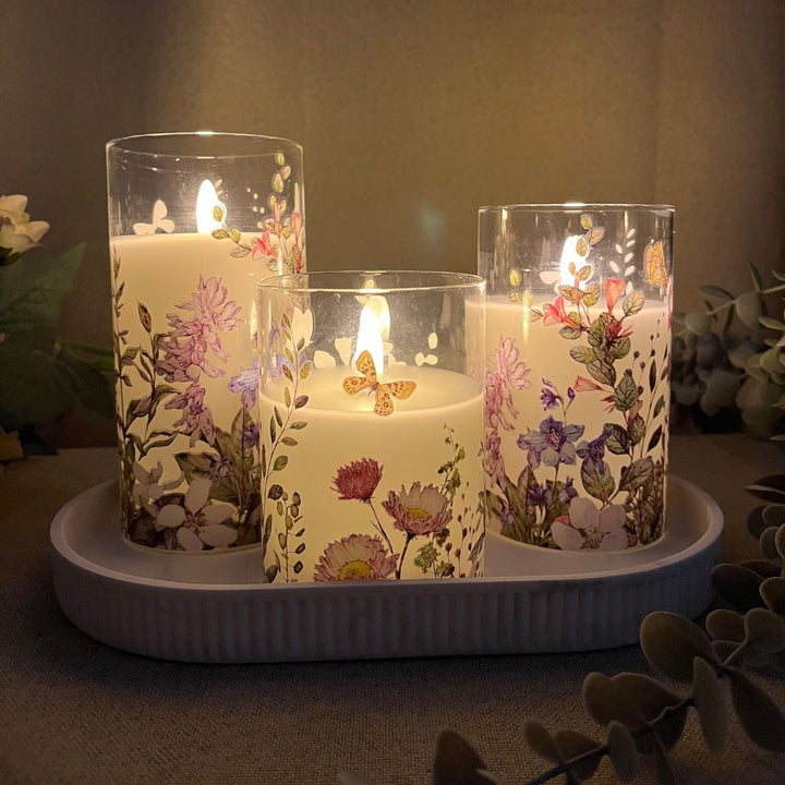 3 LED-Leuchten in zylindrischem Glas – Blumenmotiv und Fernbedienung