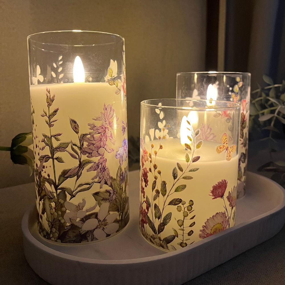 3 LED-Leuchten in zylindrischem Glas – Blumenmotiv und Fernbedienung