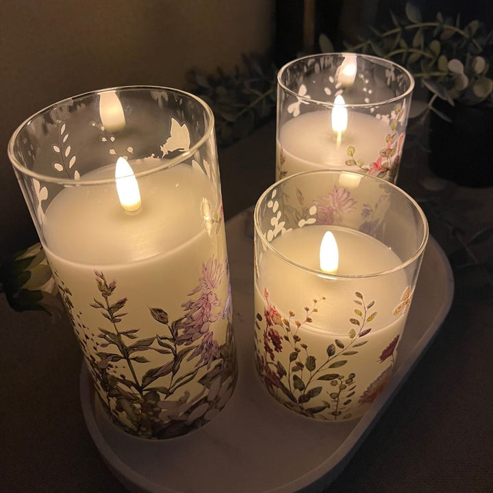 3 LED-Leuchten in zylindrischem Glas – Blumenmotiv und Fernbedienung