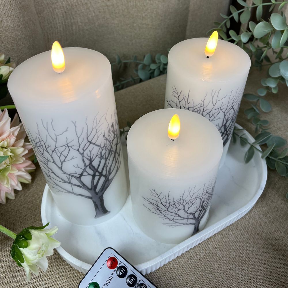 LED-Blockleuchten – 3 Stück mit Holzmotiv und Fernbedienung