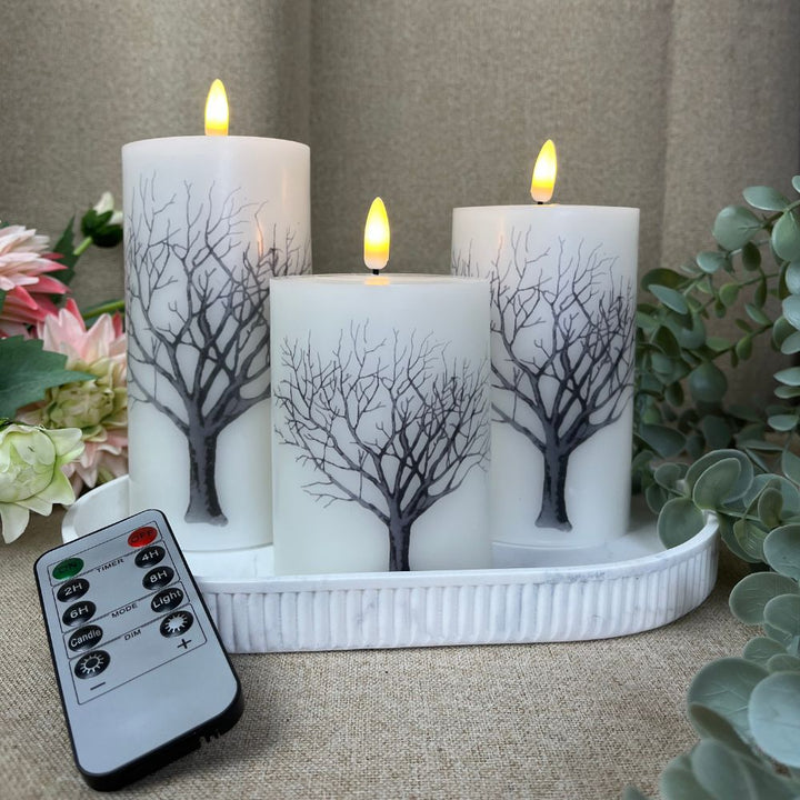 LED-Blockleuchten – 3 Stück mit Holzmotiv und Fernbedienung