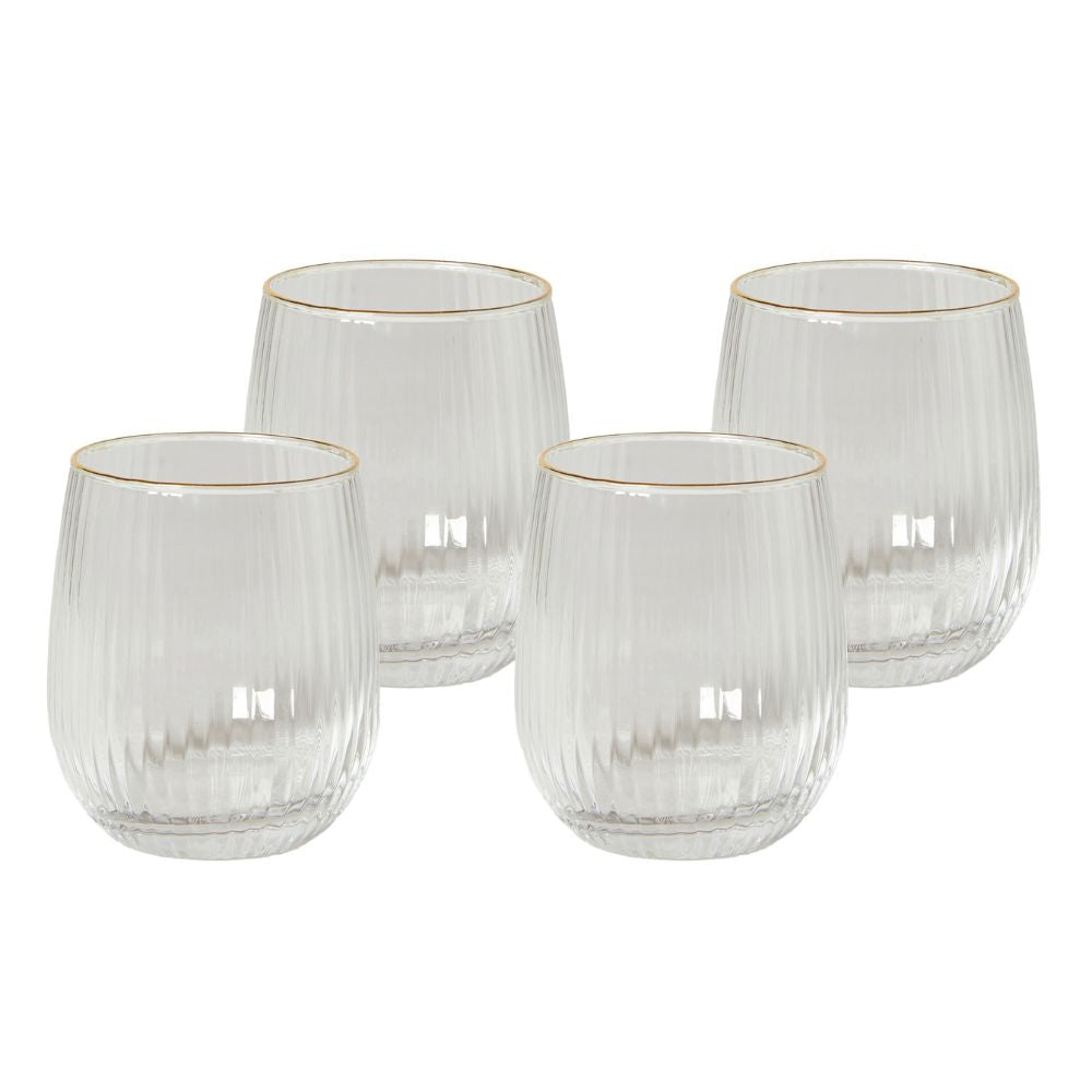Wasserglas 35 cl, geriffelt mit Goldrand - 4 Stück.