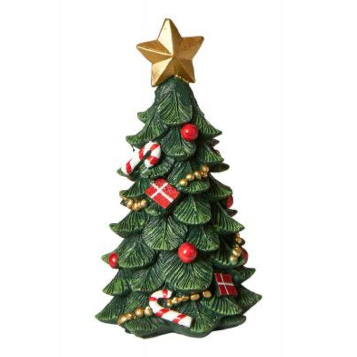 Weihnachtsbaum mit Schmuck, 15 cm, Polyresin, dunkelgrün