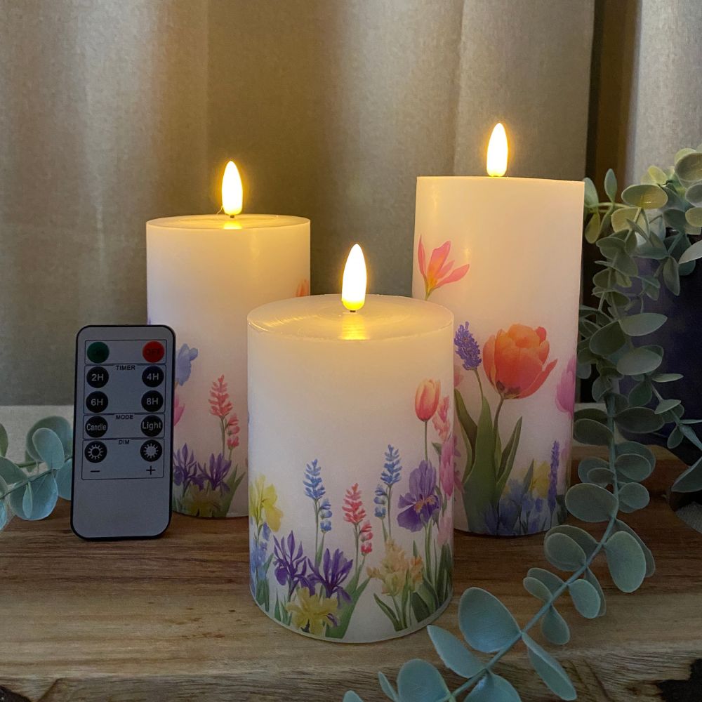 LED-Blockleuchten-Set, 3er-Pack – Blumenmotiv – mit Fernbedienung und Timerfunktion