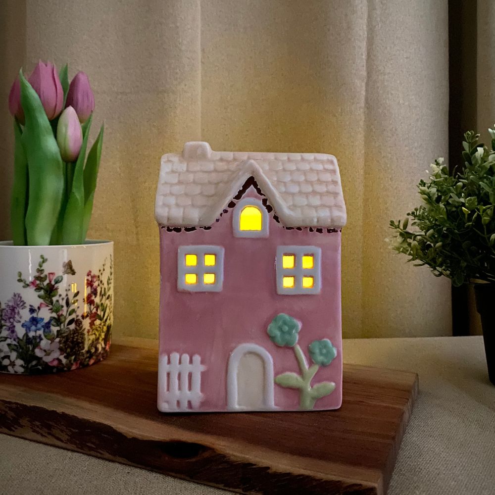 Lichthaus für Teelicht 12x8,3x17 cm Keramik rosa