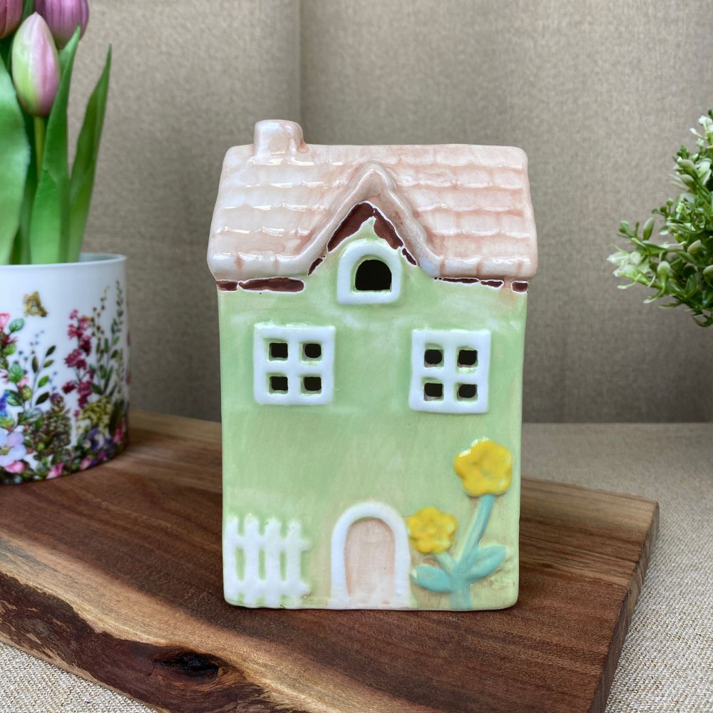 Lichthaus für Teelicht 9,5x6,5x15 cm Keramik grün
