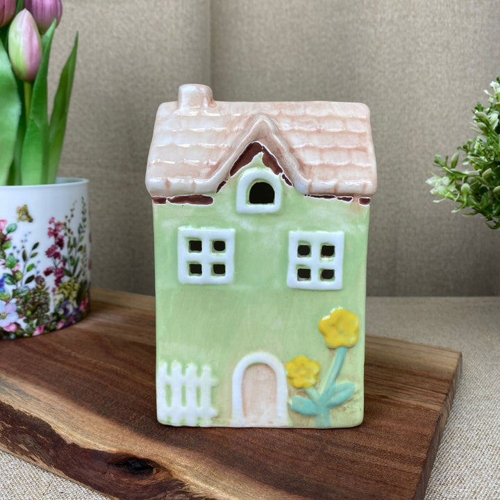 Lichthaus für Teelicht 9,5x6,5x15 cm Keramik grün