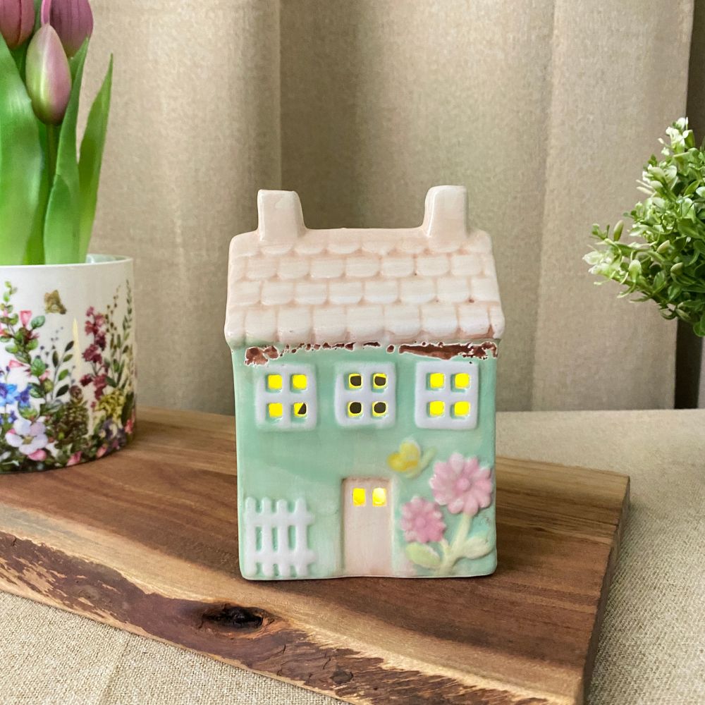 Lichthaus für Teelicht 9x6x12,5 cm Keramik grün