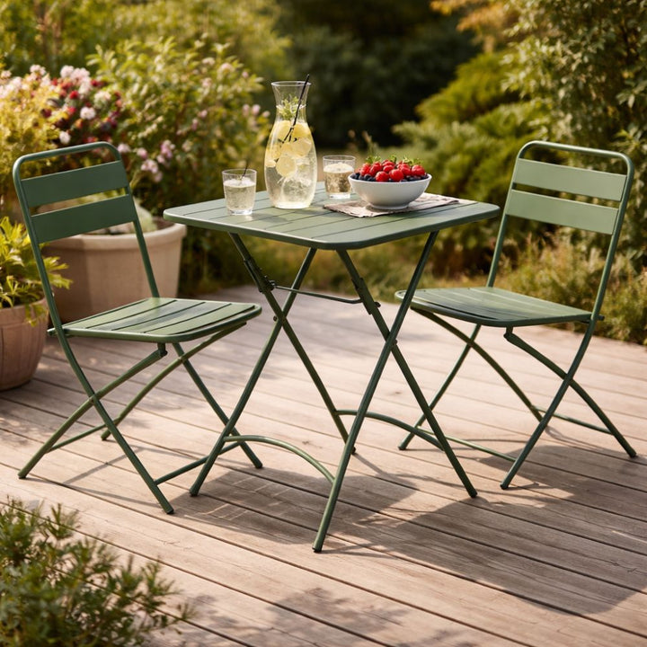 Café-Set – Klapptisch mit 2 Stühlen – grünes Metall