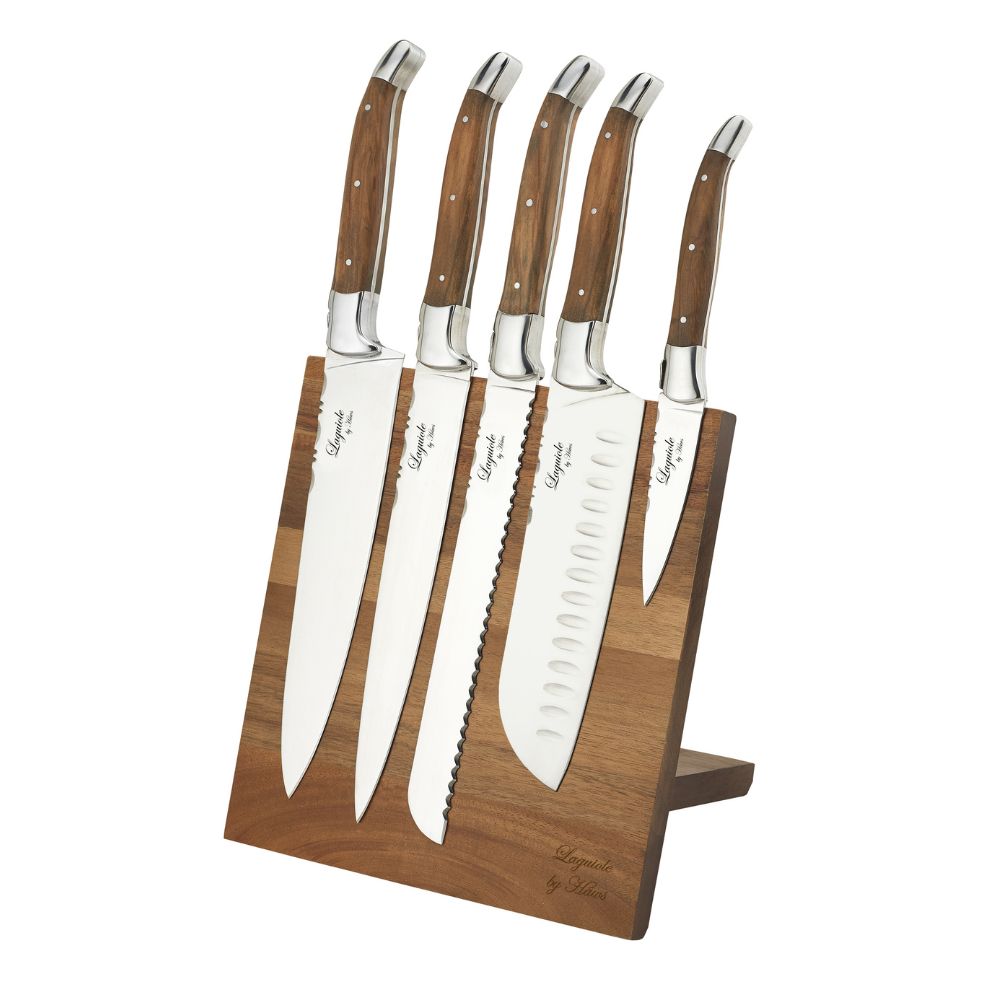 Laguiole by Haws – Messerset, 5 Messer und Messerständer mit Magnet – Olivenholz