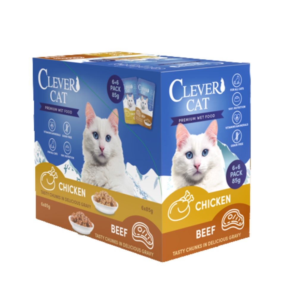 Clever Cat - Nassfutter - 12 Stück - Rind und Huhn