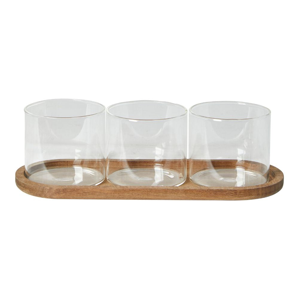 Servierset – Platte mit 3 Schalen Glas/Akazie